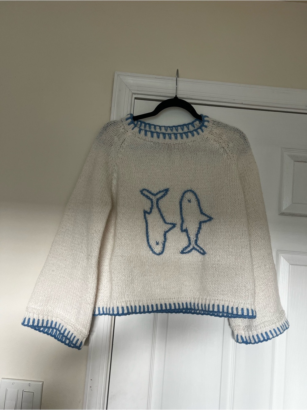 Forever 21 Cream Knit Crewneck Sweater with Blue Trim and Whale Design